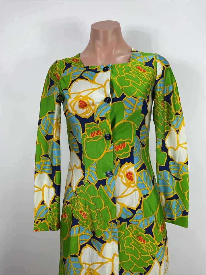Vintage 70s Kaftan PSYCHEDELIC Sheath Dress Hippie Festival Kaftan Neon Floral - Image 3 of 4