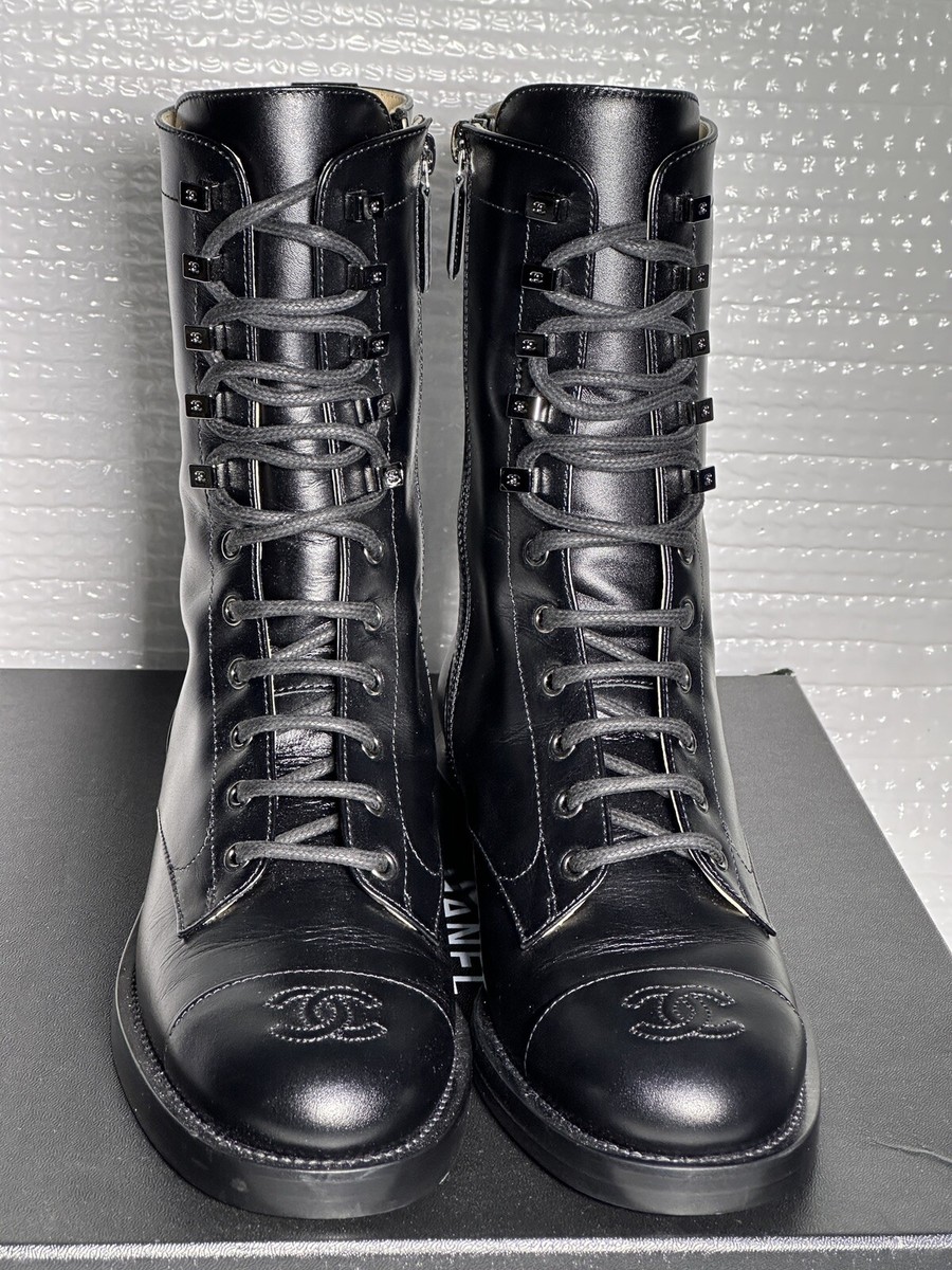 CHANEL WOMEN BLACK LEATHER LACE UP/SIDE ZIPPER COMBAT BOOTS CHANEL WOMEN BLACK LEATHER LACE UP/SIDE ZIPPER COMBAT BOOTS