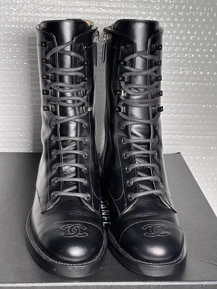 CHANEL WOMEN BLACK LEATHER LACE UP SIDE ZIPPER COMBAT BOOTS CALFSKIN SIZE 38.5