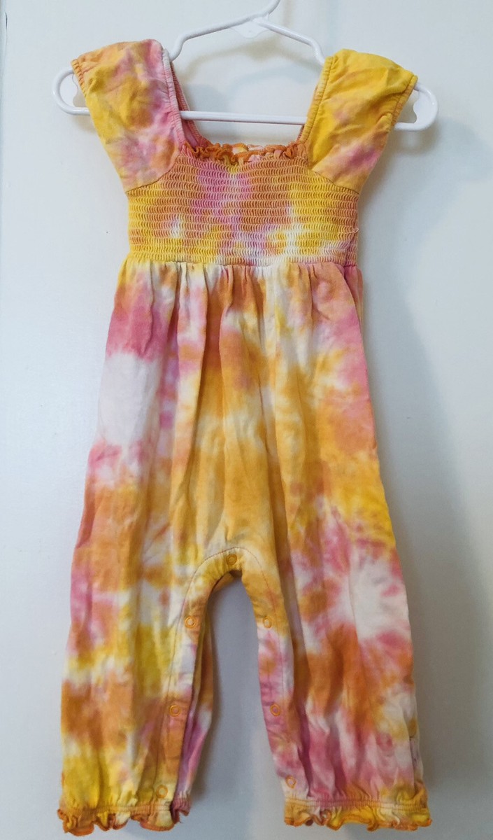 Burt's Bees Baby Tie Dye Smocked Romper Jumpsuit Sz 3-6 Months Boho Hippie  EUC
