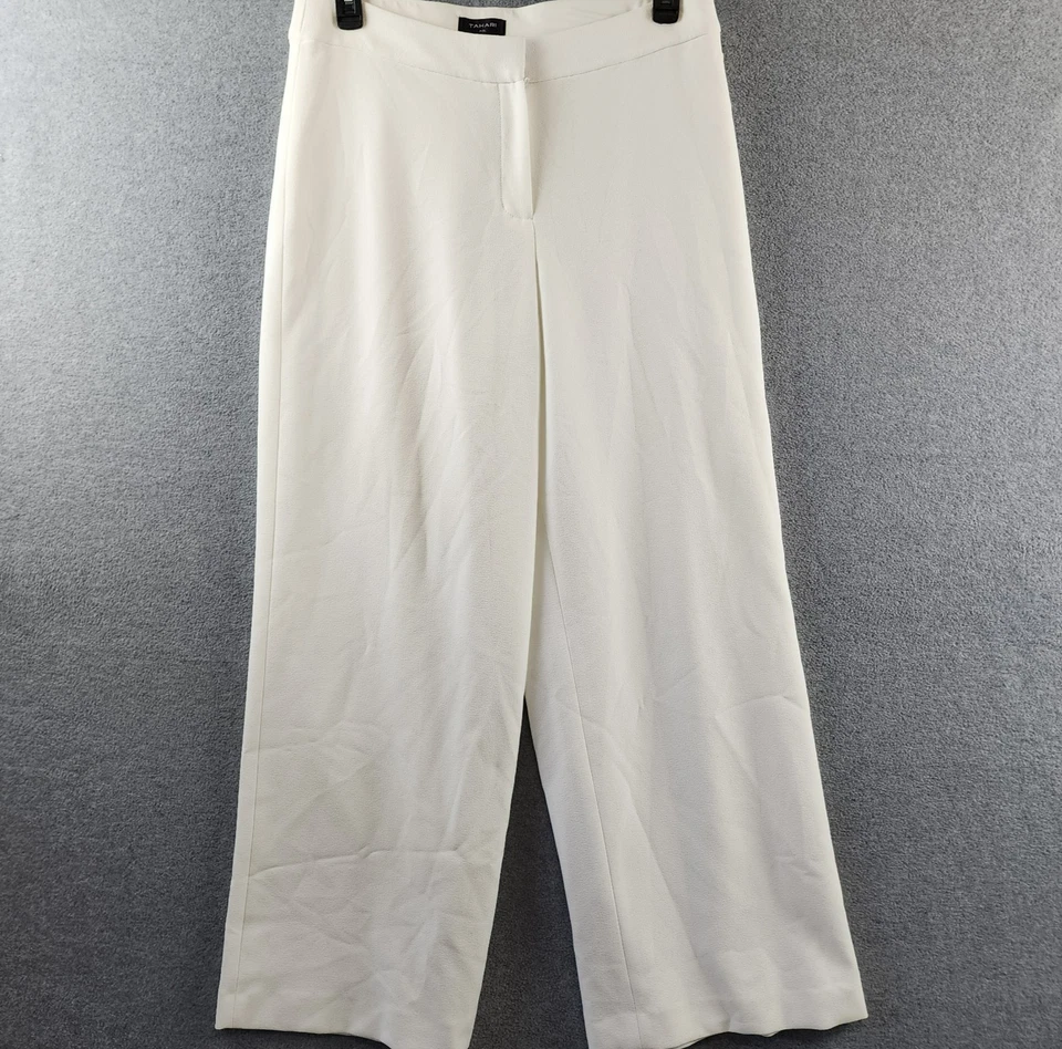 Pantalones para mujer Tahari ASL tiro medio pierna ancha 12 blancos lisos cremallera gancho y cierre de barra Foto 2 de 4