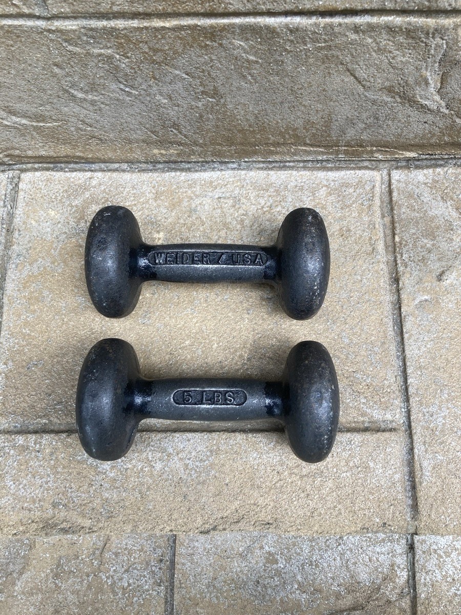 PAIR OF VINTAGE WEIDER LB CAST IRON DUMBBELLS USA ROUND HEAD ANTIQUE