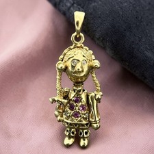 Vintage Rag Doll Pendant - Pink & Clear CZ - 9ct Yellow Gold - 24x14mm