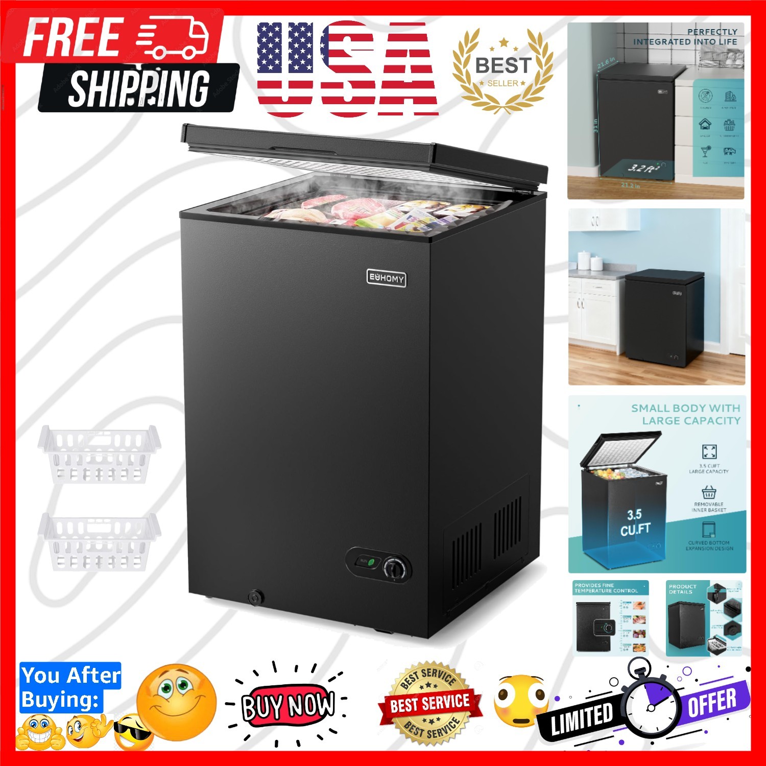 3.5 Cu.Ft Chest Freezer with Removable Basket, Small Deep Fr