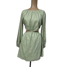 Gianni Bini Mini Dress Cora Green Linen Long Sleeve Cut Out Waist A-line size 4