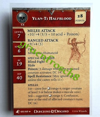  YUAN-TI HALFBLOOD  60 U  ABERRATIONS 2004  WIZARDS  D&D MINIS GAMES STATS CARD