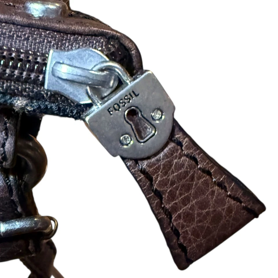 Bolso Bandolera Fossil Maddox Mujer Cuero Marrón Negro Dorado Textil Cremallera Foto 4 de 4