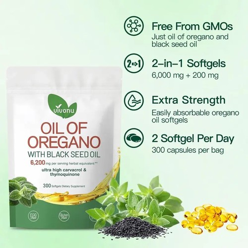 VivoNu Organic Oregano Oil with Black Seed 6000mg, 300 Softgels，Free Shipping - Picture 2 of 11