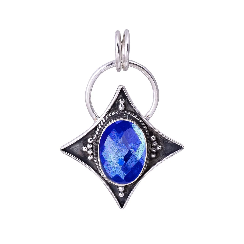 Colgante de plata de ley 925 maciza con topacio fuego místico arco iris azul V3362 Foto 3 de 4