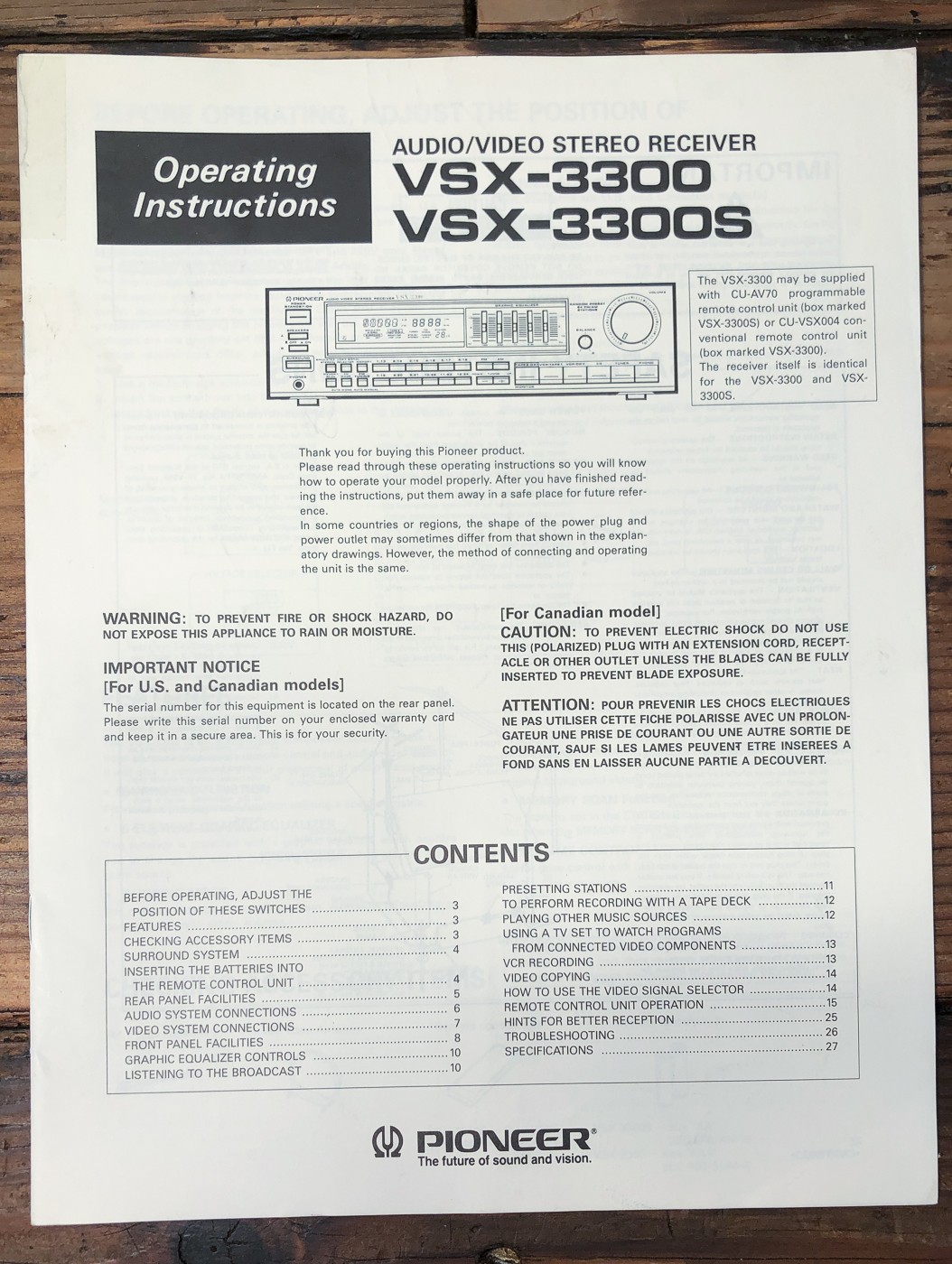Pioneer VSX-3300 VSX-3300S Receiver Owners / User Manual *Original*