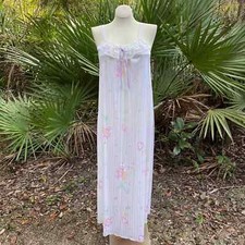 Vintage 70s White Striped Floral Nightgown Maxi Sleeveless Vanity Fair Size S M