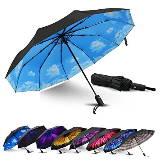 Windproof Black Folding Travel Umbrella for Rain with High-Clouds Design