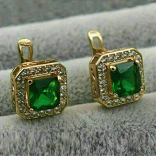 14K Yellow Gold Over 3Ct PrincessLab-Created Green Emerald Halo Stud  Earrings