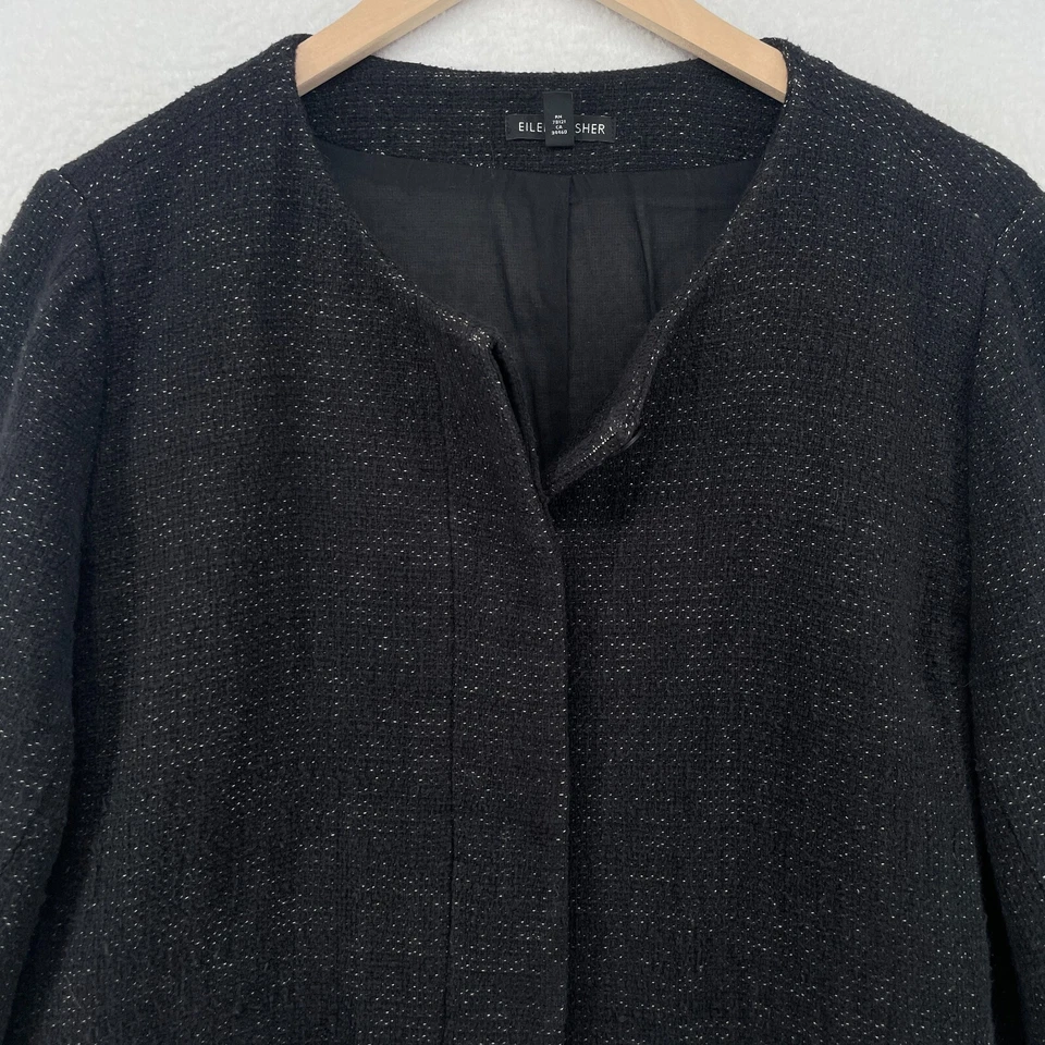Chaqueta Blazer EILEEN FISHER L Algodón Lino Tweed Oculta Abotonada Forrada Negra Foto 3 de 4