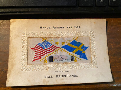 POSTCARD WOVEN SILK HANDS ACROSS THE SEA Mauretania PASSENGER SHIP