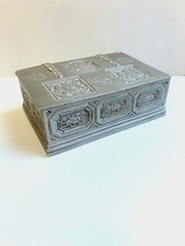 SCATOLA VINTAGE COFANETTO SCRIGNO PORTA GIOIE PELTRO DECORATO SCENE TREASURE BOX