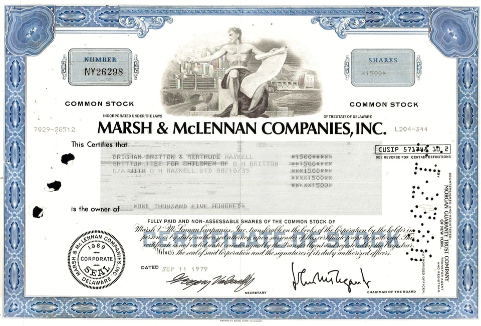 Marsh & McLennan Companies Inc., 1 1.09.1979 - 1.500 Shares (blau) - Bild 1 von 1