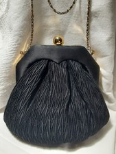 Vintage Purse Black EveningBag Shirred Pleated Satin Gold Ball Clasp Gold Strap 