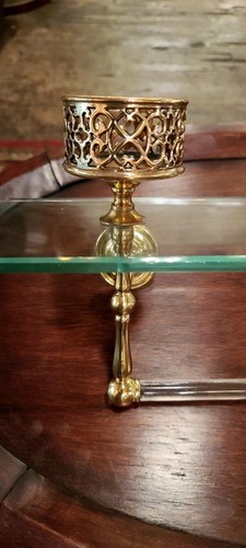 Antique Victorian Glass Shelf with Towel Bar & 2 Brass Filigree Cup Holders - Picture 4 of 5