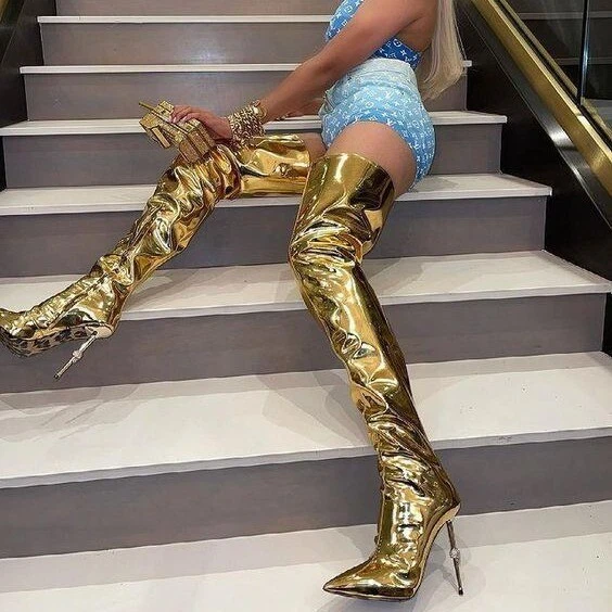 Sexy Botas Estilo Pasarela Occidental Para Mujer Punta Alta Tacones de Aguja Sobre la Rodilla Foto 2 de 4