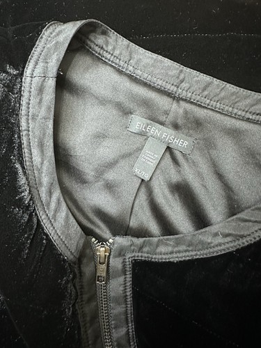 EILEEN FISHER Black Quilted Bomber Jacket XL Velvet Silk Blend Lining Full Zip - Picture 3 of 6