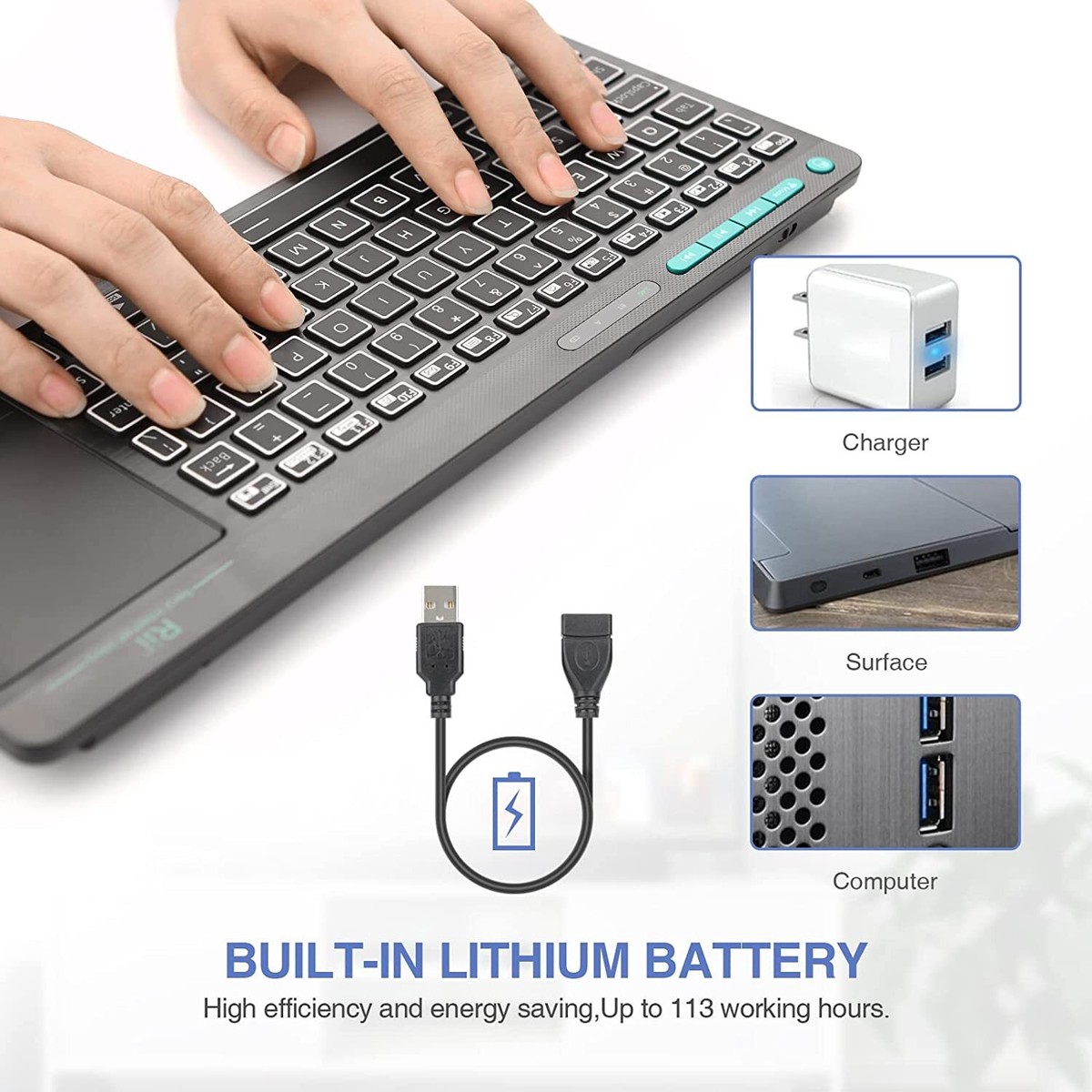 Rii K18S Wireless Bluetooth Keyboard with Backlit Touchpad For PC