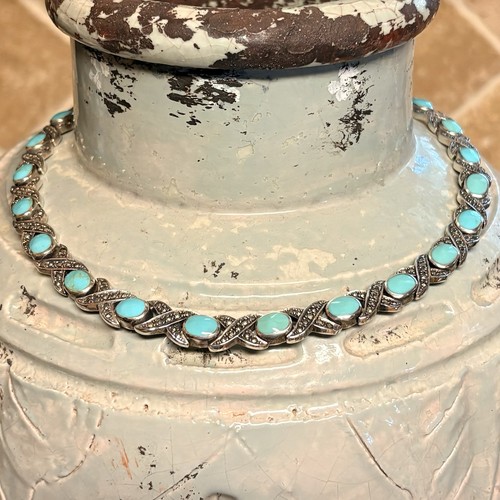FAS Sterling Silver, Turquoise & Marcasite Necklace XOXO 16 Inches Beautiful