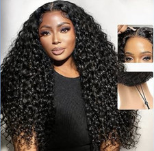 26 inch Black Curly Human Hair Lace Front Wig, Glueless Free-Part, Baby Hair