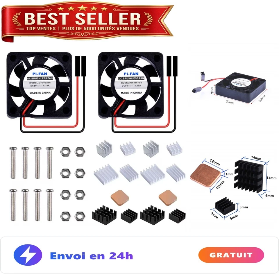Ventilateur Raspberry Pi 5 V avec dissipateur aluminium 30 mm 2 pièces - Photo 1/4