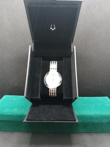 Bulova Mother of Pearl Dial Swarovski Accent 32mm Silver Stainless Steel Case and Strap Women s