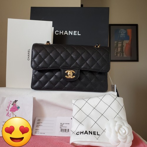 New CHANEL Classic small double Flap Bag Black caviar Gold hw Bag Tag Year 2023