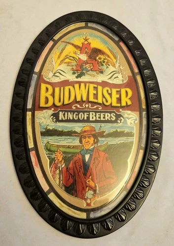 Vintage Busweiser King Of Beers, Fishing Oval Plastic Hanging Mirror Sign 1970s