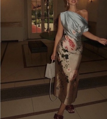 NWT_ZARA WOMAN FW24 ASYMMETRIC MIDI SATIN EFFECT FLORAL PRINT DRESS 8828/186