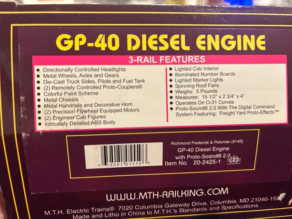 MTH 20-2425-1 Richmond, Fredericksburg, and Potomac GP40 LN/Box - Image 2 of 4