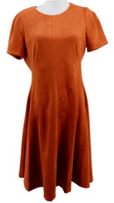 Calvin Klein Faux Suede Midi Dress Womens Sz 12 Orange Fit Flare Puff Sleeve New