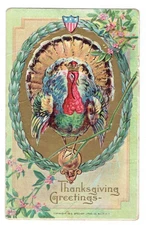 Thanksgiving Greetings Embossed Postcard Turkey Crown 1910 Stecher Litho Co