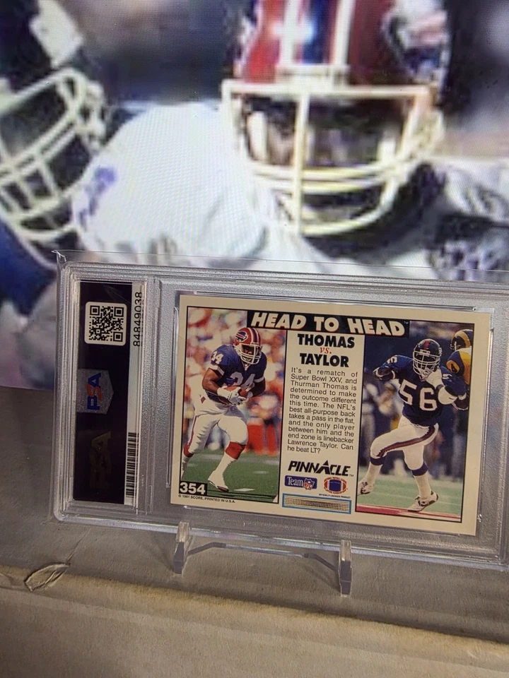 Thurman Thomas Lawrence Taylor 1991 Pinnacle Head To Head Dual Auto Card PSA/DNA - Image 2 of 4