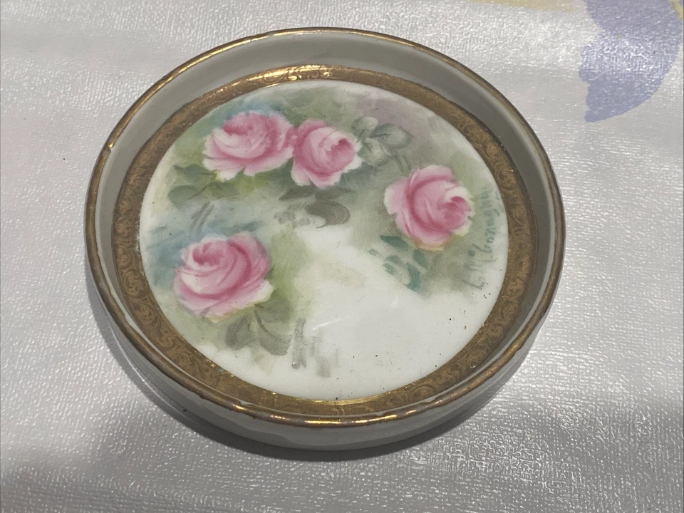 古董日本手绘瓷制盐窖/饰品粉红色玫瑰,金色 L15 — 第 2/4 张图片