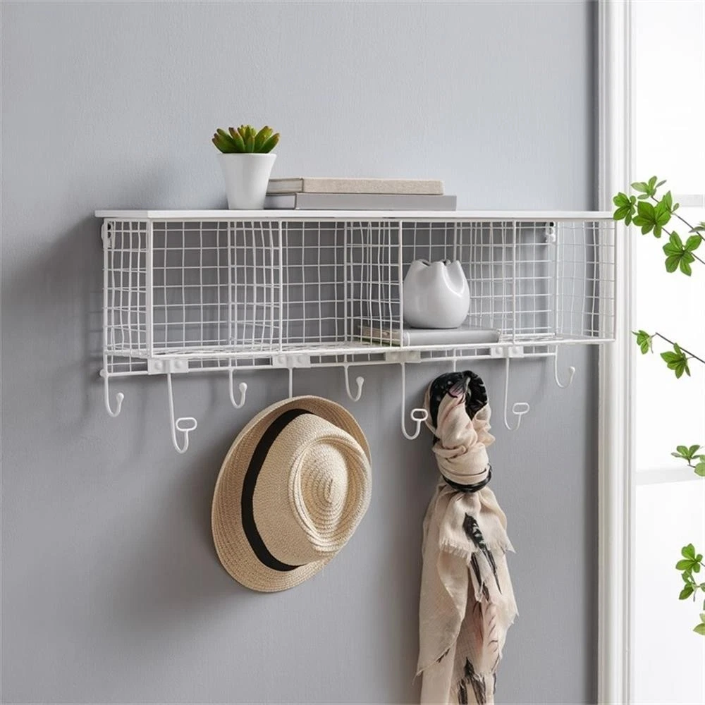 Linon Four Cubby Metal Wall Shelf with Top Shelf and 9 Hooks in White