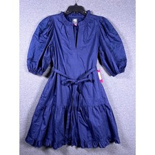Vince Camuto Navy Blue Eyelet Puff Sleeve Belted Dress Size 4 cocktail festival