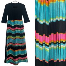 Vintage 70's Neon Bright Colors Black Felt Quilted Maxi Formal Dress Rainbow XXS