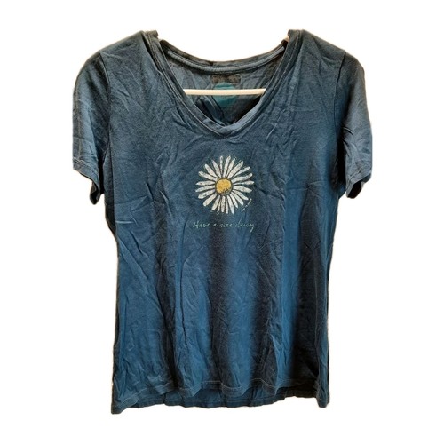 Life is Good T-Shirt Womans Small Blue Daisy Graphic Classic Fit Floral Casual