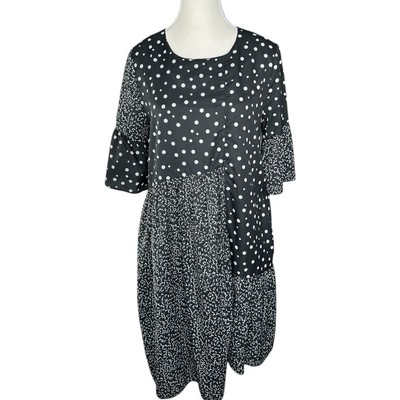 CAARA Women Millazo Small Black White Polka Dot Mixed Print Tiered Shift Dress
