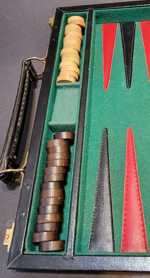 Vintage Backgammon Set Wooden Stones Leather & Felt - Image 4 of 4