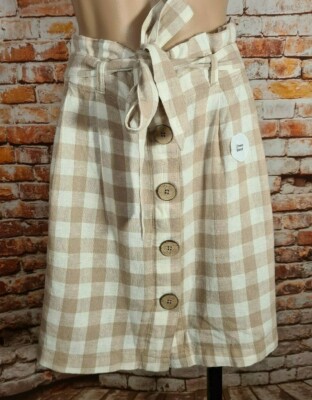 BNWT Ladies Sz 14 Anko Brown Gingham Gathered Waist Linen Blend Skirt Buttons