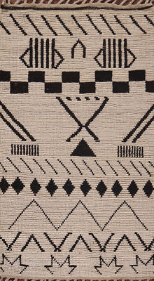 Geometric Ivory/ Dark Brown Handmade Wool Moroccan Oriental Accent Rug 3x5