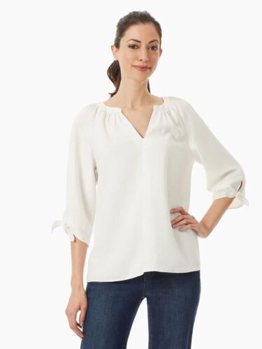 Jones New York White Elbow Tie Sleeves Blouse Linen Blend Popover Split V Neck L