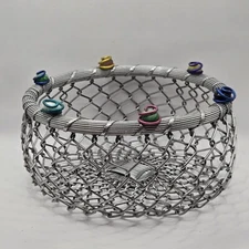Metal Wire Basket Decorated With Colored Glass Stones Vintage Shabby Chic 8.5" D
