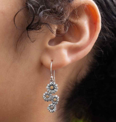 Four Daisy Cluster Charm Dangle Bronze and Sterling Silver Earrings
