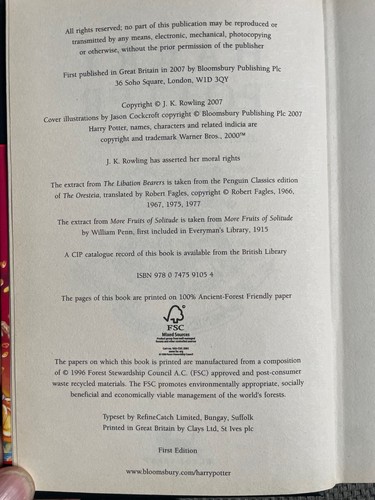First Edition Harry Potter & the Deathly Hallows by J. K. Rowling (Hardback 2007 - Picture 4 of 11